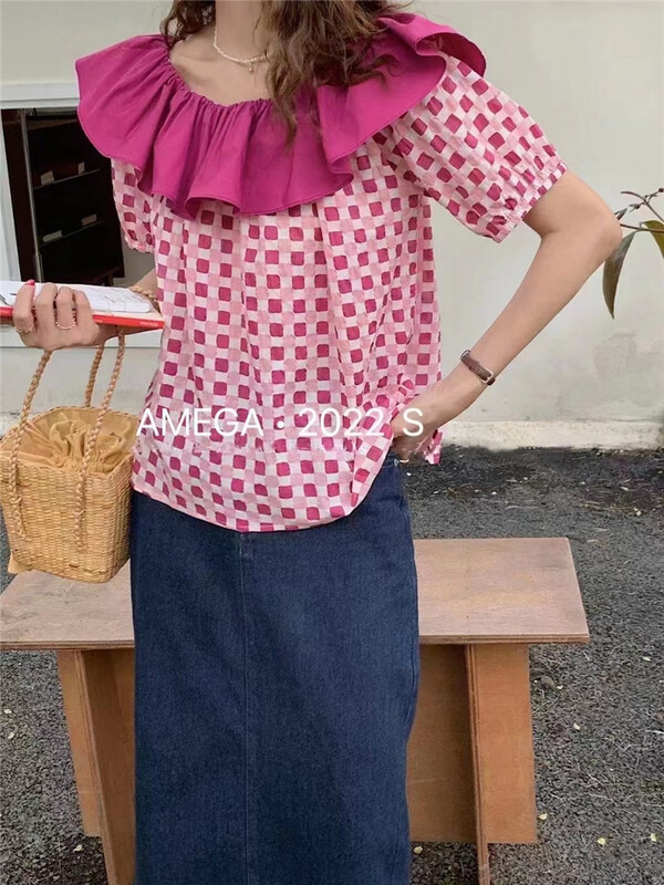 [amega] fashion Plaid off shoulder shirt 6973\hbx