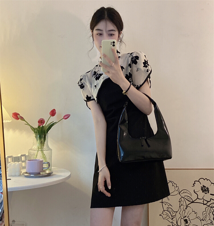 [Lina] flocking flower pleated thin suspender dress + basic versatile color matching shawl set 0175-1\hjy