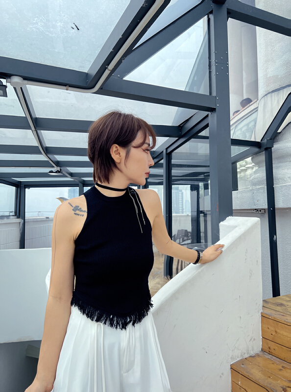 [semi plain] round neck clean color and rough edge design vest / sling ys1-l023\zjy