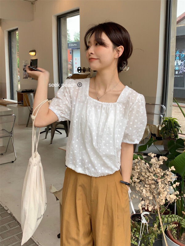 [seek peach] fresh and simple round neck bubble sleeve shirt s8862\ll