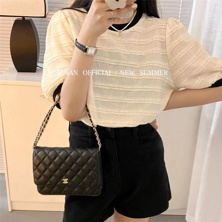 [Susan] contrast color round neck slim shirt 18890\lsw