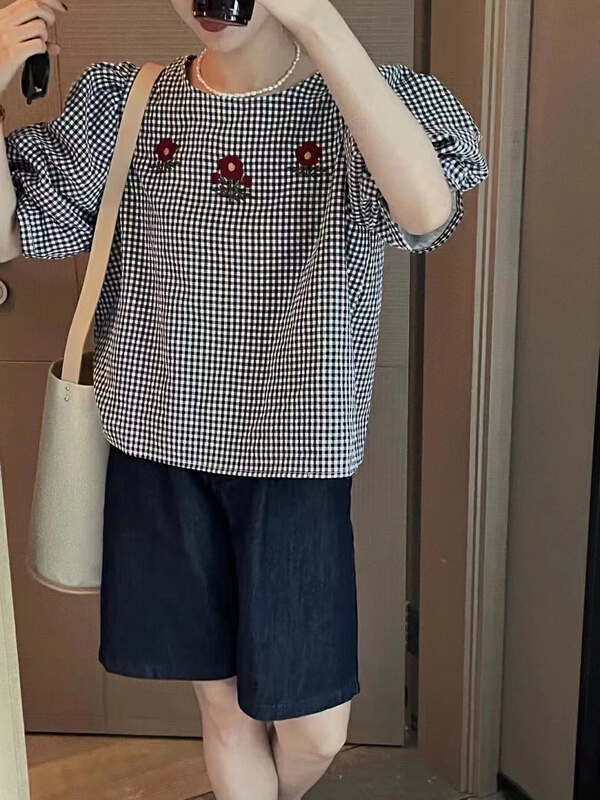 【 love 】 Embroidered Flower classic black and white check bubble sleeve shirt s1692\hbx