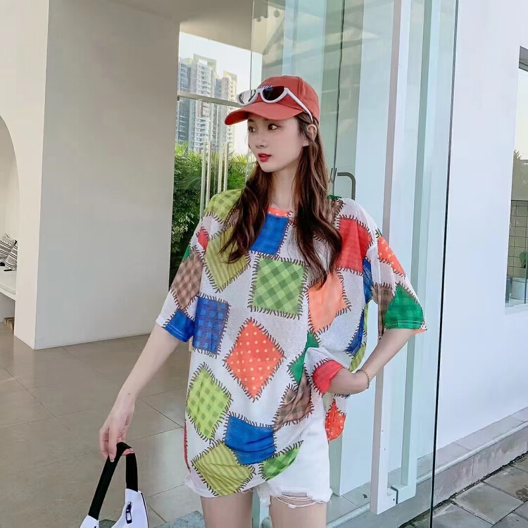 [Irene] personalized color contrast printed loose short sleeve T-shirt 2350\wtt