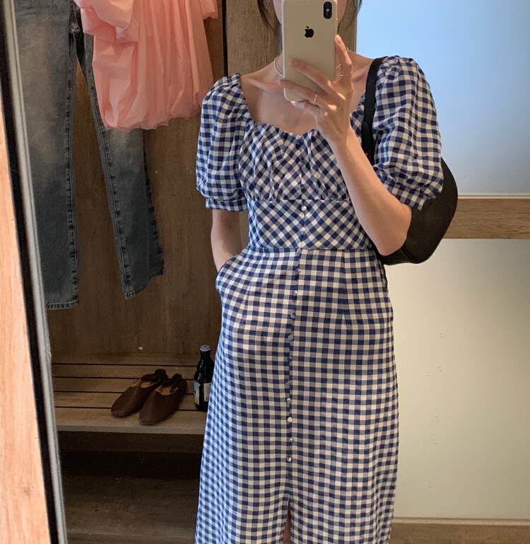 [y.jia EJA] gentle square neck Bubble Sleeve Plaid Dress 1062\pcz