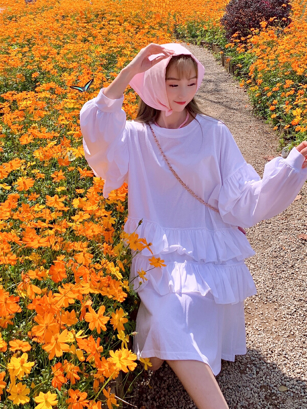 [love] loose large Pullover Ruffle long sleeve dress 912-1\wtt