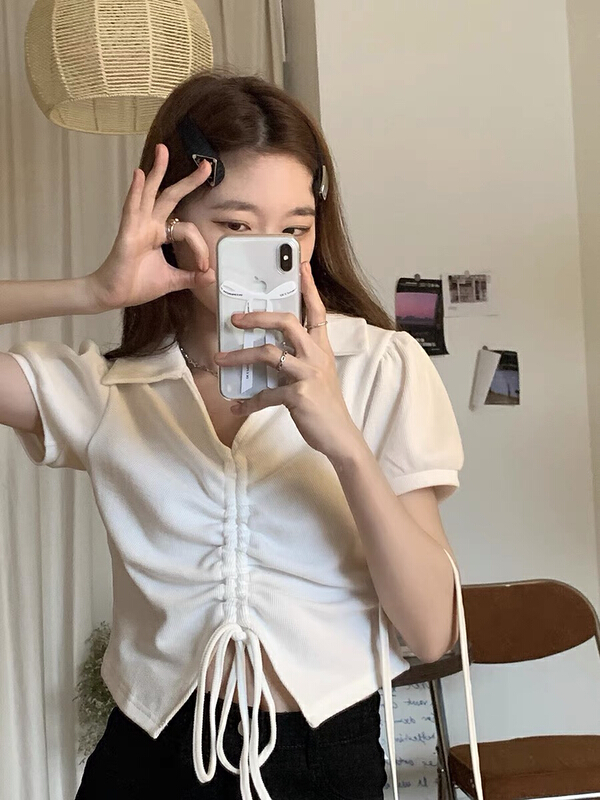 [blue show] Korean version versatile drawstring polo collar short sleeve T-shirt 01020\lsw