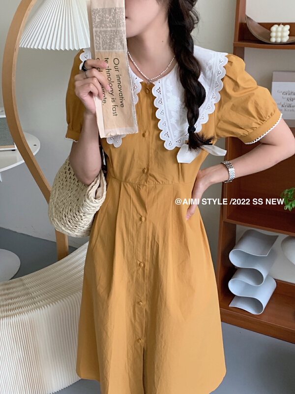 [aimi] Korean lace collar solid medium length dress ys1-10807\hbx