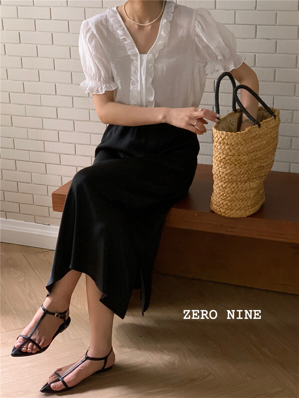 [zero-nine] Korean version simple V-neck lace blouse 9332\zjy