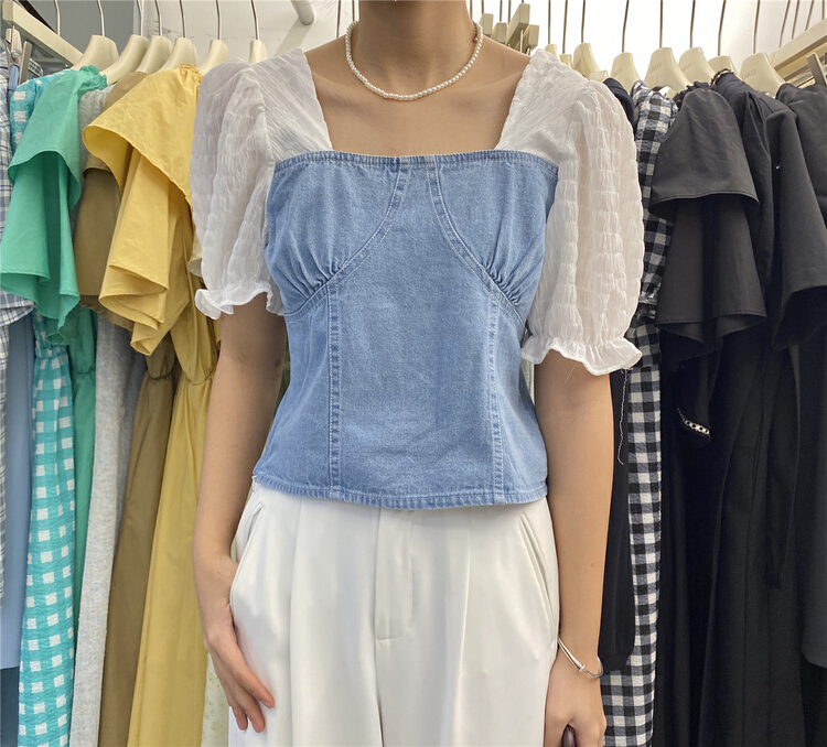 In early summer! [linkayi] Korean cowboy splicing elastic shirt ys1-30003\hjy