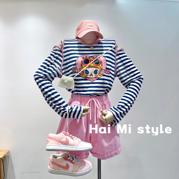 [Haimi] Korean mosaic stripe hand printed sunscreen shirt 1912\t