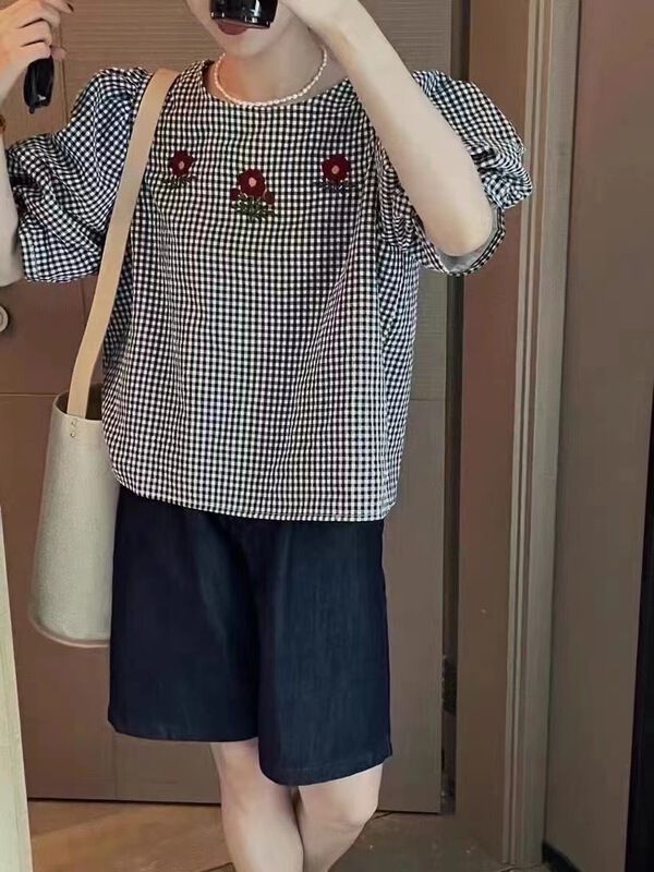 [ya.mei] Plaid round neck bubble sleeve blouse (only selling blouses) 6634\ll
