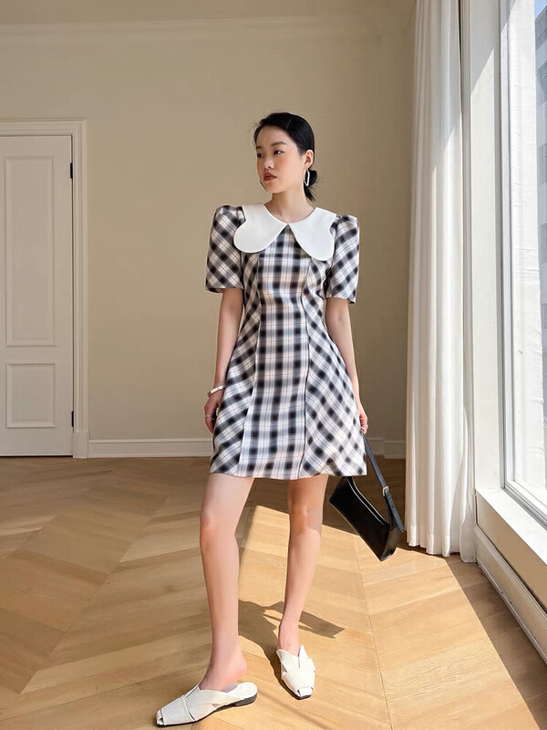[keen k] design petal neck Plaid Dress l106\wtt