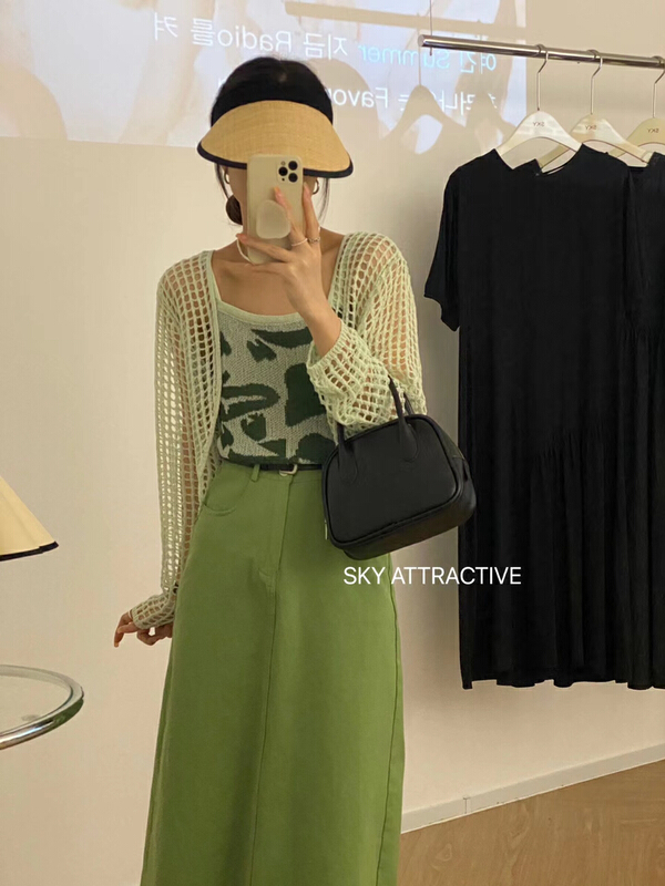 [sky] long sleeve solid color knitted sunscreen shirt + sleeveless versatile vest set 622\hbx