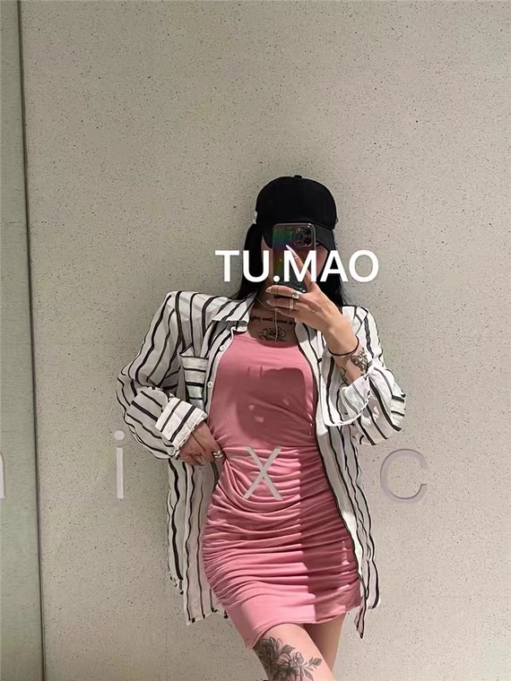 [wht] Korean shoulder pad fashionable and versatile vertical stripe long sleeve shirt (only selling shirts) 5090\wtt