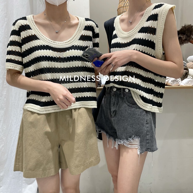 [mildness] Crocheted hollow out stripe T-shirt 1017\zjy
