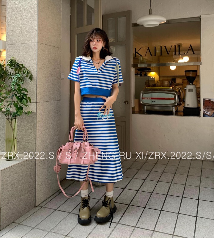 [zhengruxi] stripe embroidered short sleeve T-shirt + high waist slim skirt set 11717\wtt