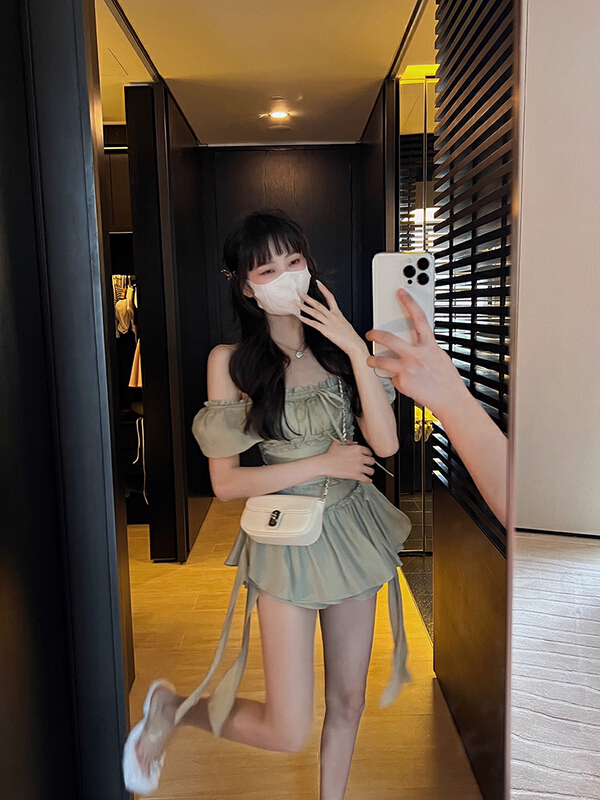 [Amanda] slim Off Shoulder Top + ribbon A-line trouser skirt set 9655\pcz