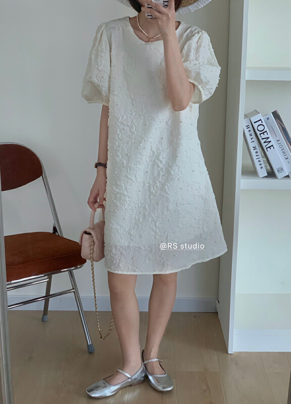 【 RS 】 round neck pleated beaded dress rs2086\xyy