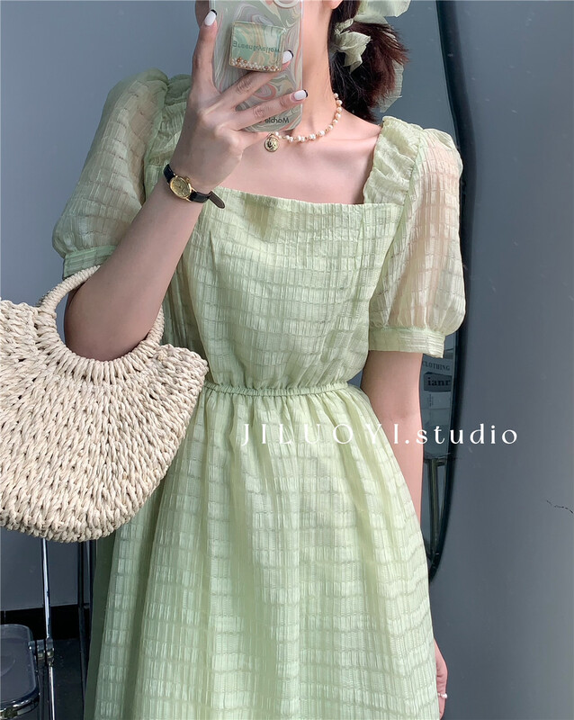 [Luoyi] square neck bubble sleeve temperament dress 9862\l