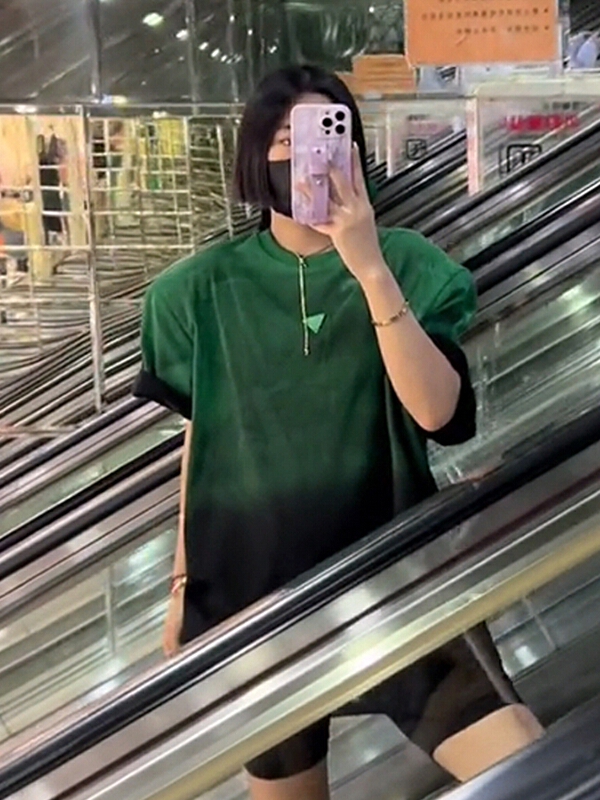 [c.h.z] niche design sense gradient green label shoulder pad short sleeve T-shirt 90780\wtt