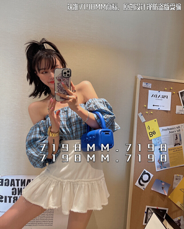 [7198/k2] Plaid off shoulder thin shirt 22338\pcz