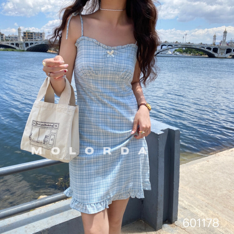 Original price 73.32! [morada] check BOW STRAP DRESS 601178\xyy