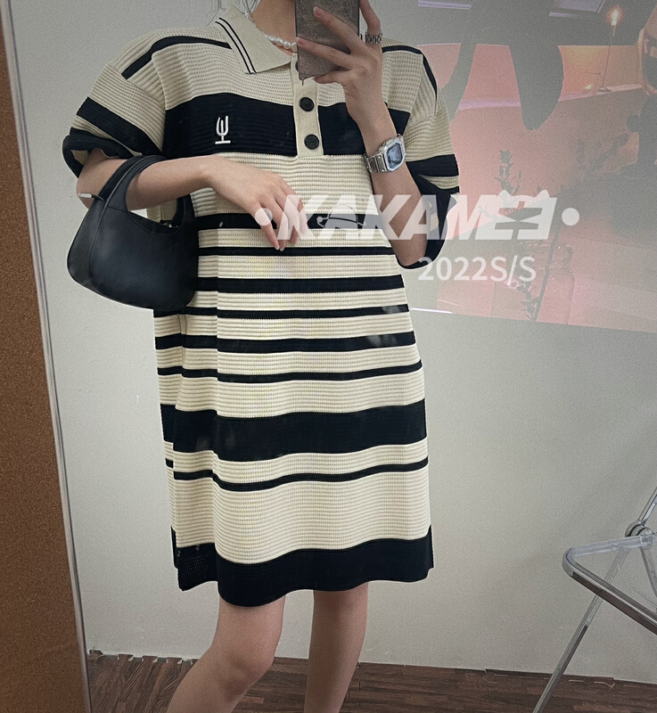[kakamee] Polo neck stripe thin short sleeve T-shirt 219-1\lsl