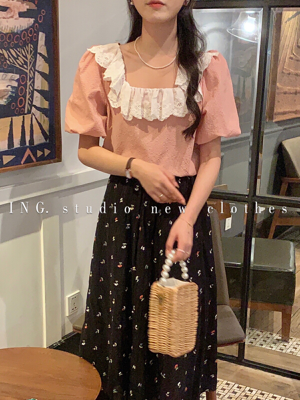 [ing] lace collar stitched waffle shirt ing-9026\hbx
