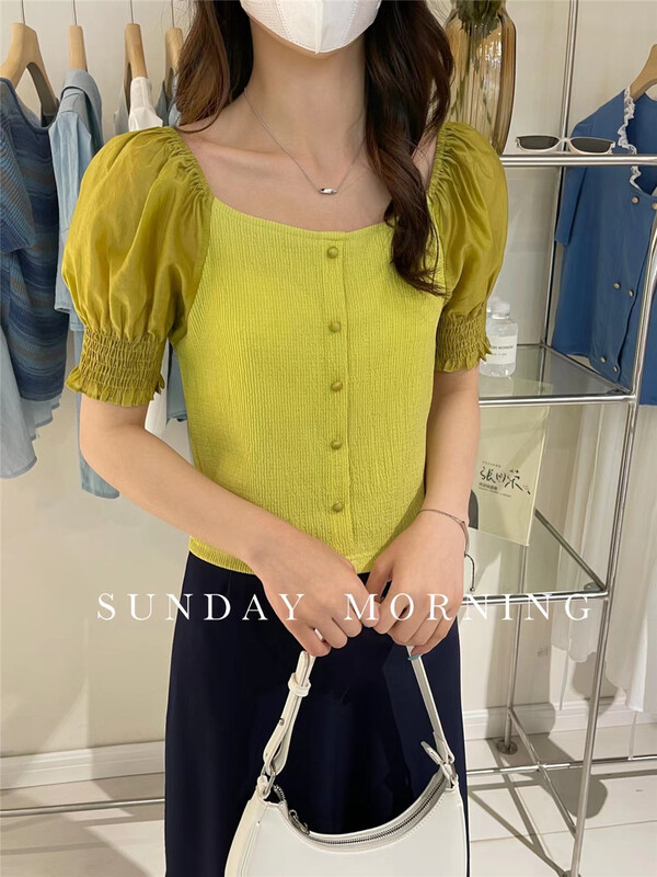 [Sunday morning] Korean style square neck splicing design short shirt f-s9149\zjy
