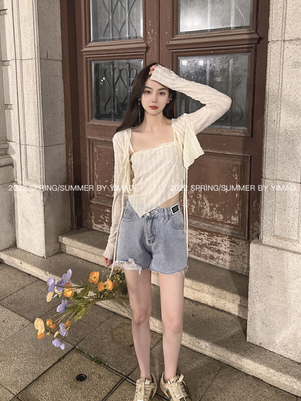 [Fei Mao] simple and versatile solid color Vest + fresh and simple lace up knit cardigan set ym-7857\lsl