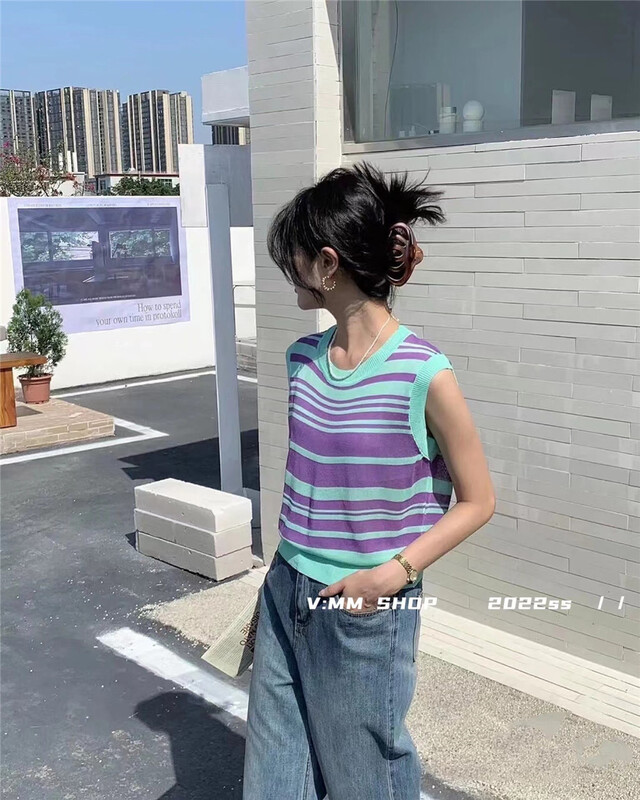 [v:mm] Korean Japanese versatile striped sleeveless vest / sling 88650\cls