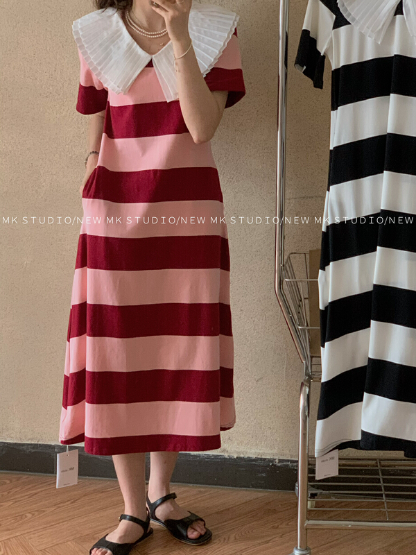 [MK] Korean stripe color contrast Ruffle Dress 3280\hjy