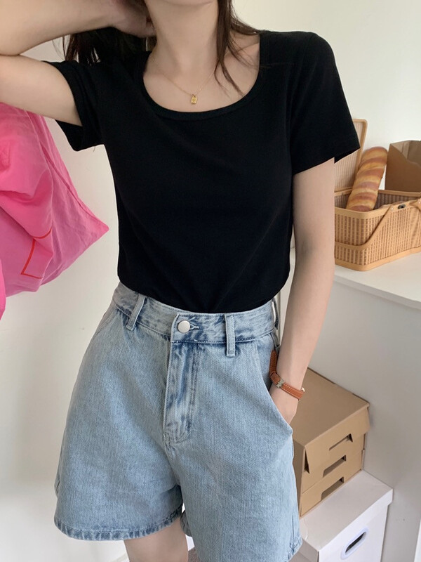 [miss sumey millet] simple thin clean color short sleeve T-shirt 2423\hbx