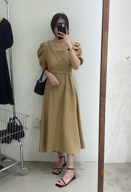 [chocolate] Korean bubble sleeve loose waist dress (with belt) 28116\ll