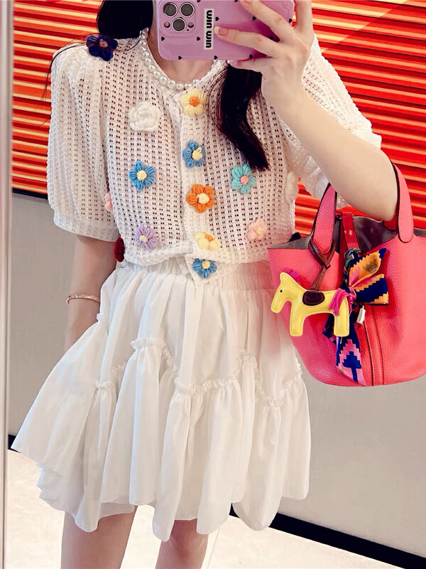 [Danling] hollow out hand sewn colorful shoulder pad blouse (only selling blouses) 1186\pcz