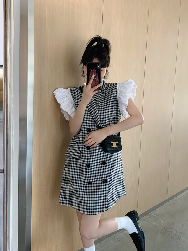 [Penny vogue] commuting simple suit collar contrast checked fly sleeve dress 66005\lsl