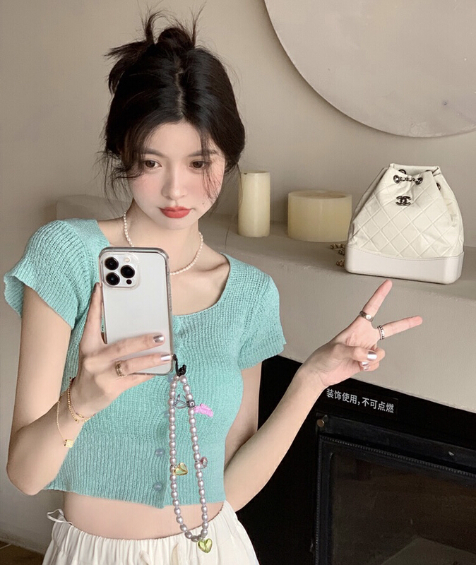 [Amanda] candy color short versatile knitted shirt 5086\pcz