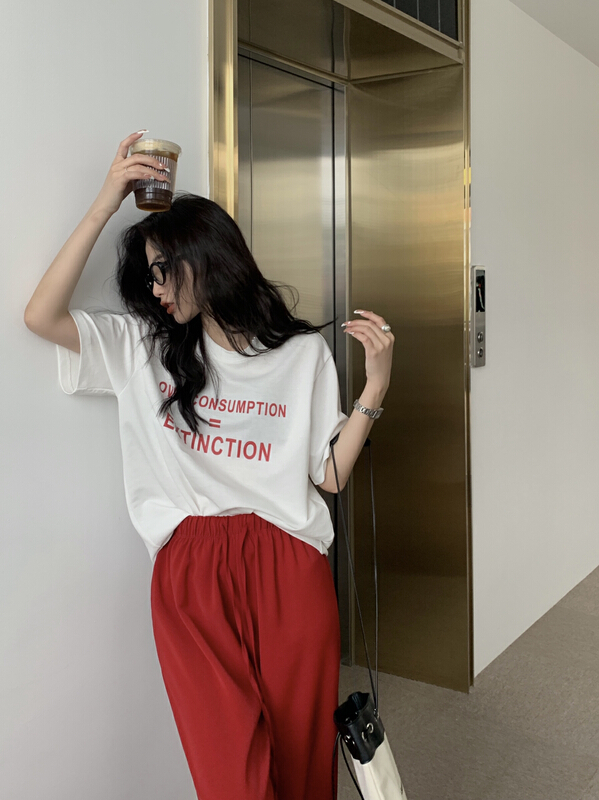 [11An] versatile contrast stone paste lettered short sleeve T-shirt a6751