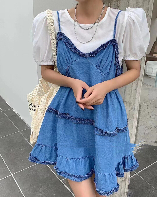 [mi ni] simple white top + denim thin material suspender dress set 1202\pcz