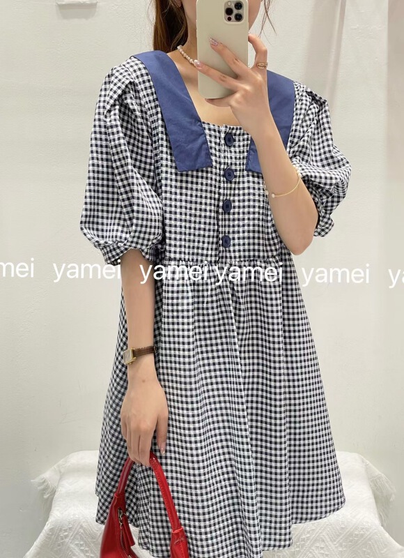 [ya.mei] square neck Plaid short bubble sleeve dress 7867\ll
