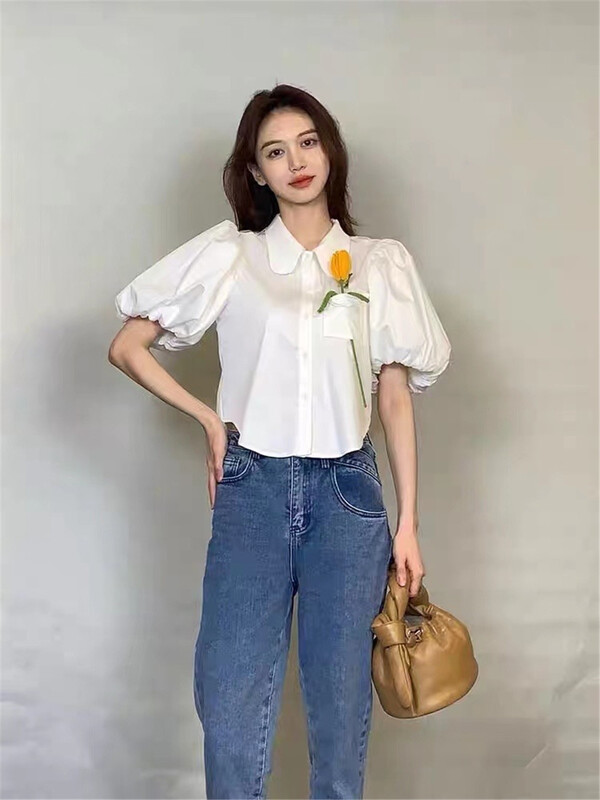 [big C studio] fresh and simple bubble sleeve floret shirt (flowers can not be removed) 3009\pcz