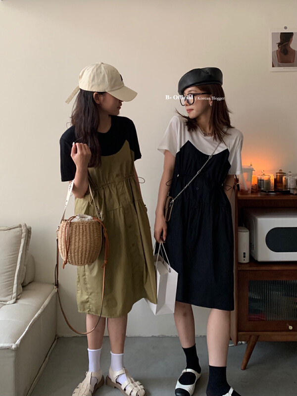 [B plus] round neck single breasted stitched comfortable dress 22-9496-2\hbx