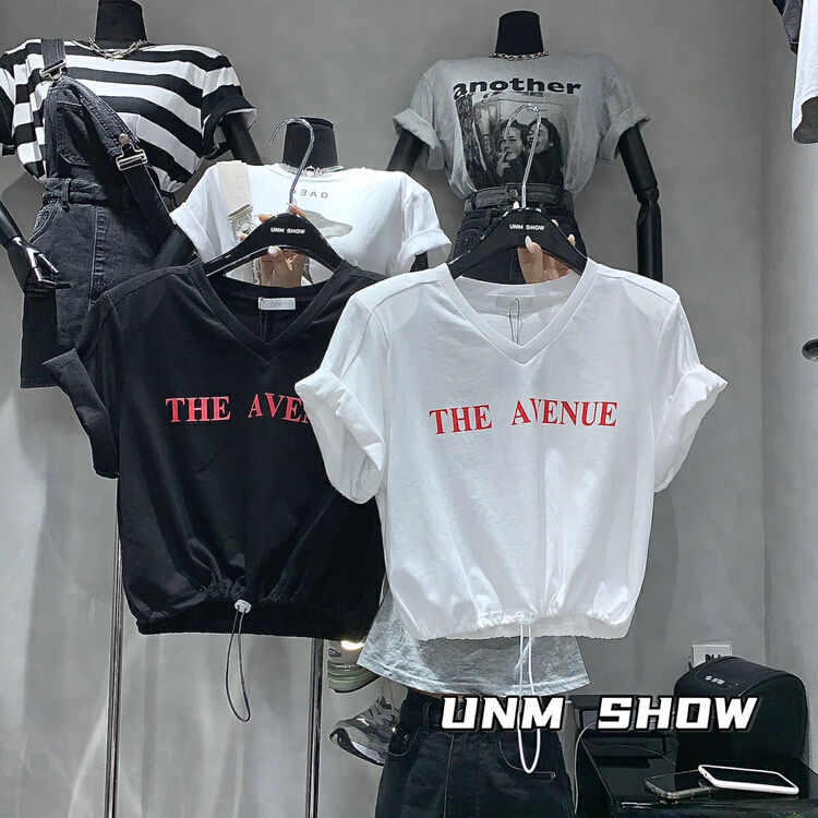 [unm-show] Korean casual letter drawstring short sleeve T-shirt 6295\wtt