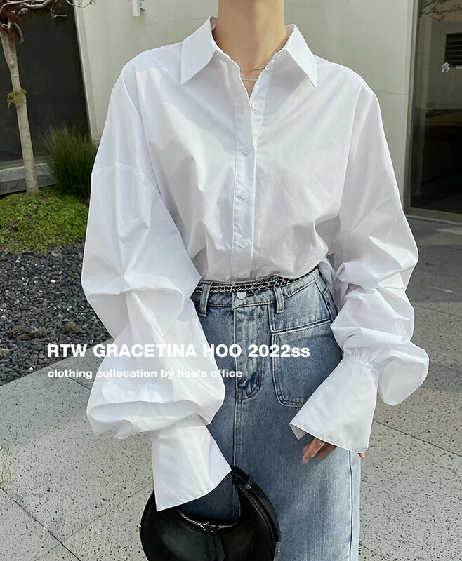 New year in early spring! [gracetina Hoo] simple minority irregular Lantern Sleeve loose silhouette versatile shirt cs578\zxl