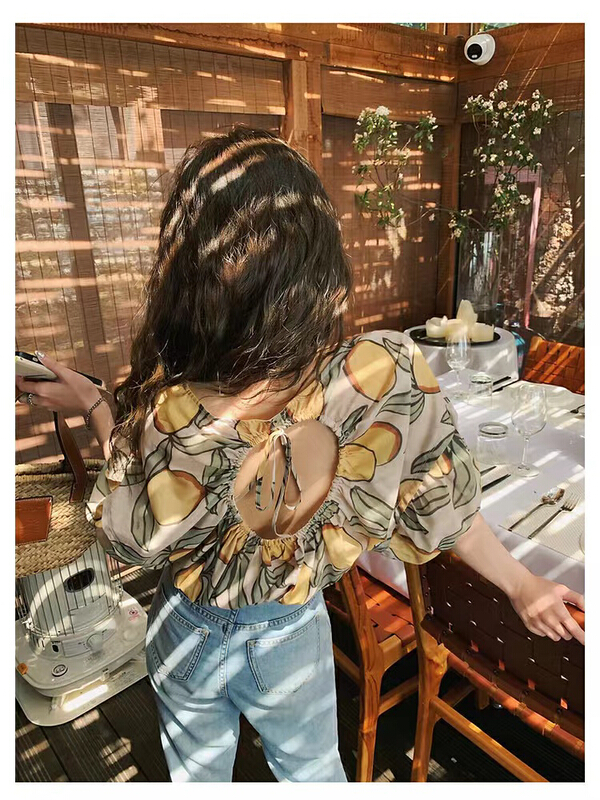 In early summer! [neeko] holiday style pattern backless Round Neck Shirt (Fashion) 3538\pcz