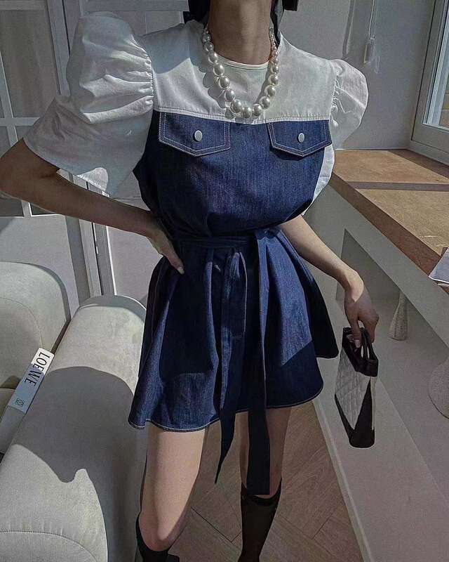 【 mi 】 new summer Korean style bubble sleeve stitched denim dress (with waist rope) 8659\pcz
