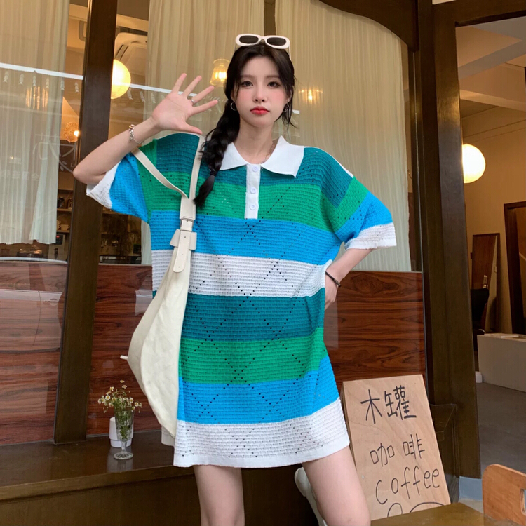 [S.J] Rainbow Stripe polo collar design sense of niche hollowed out Chic Dress ys6952\lsw