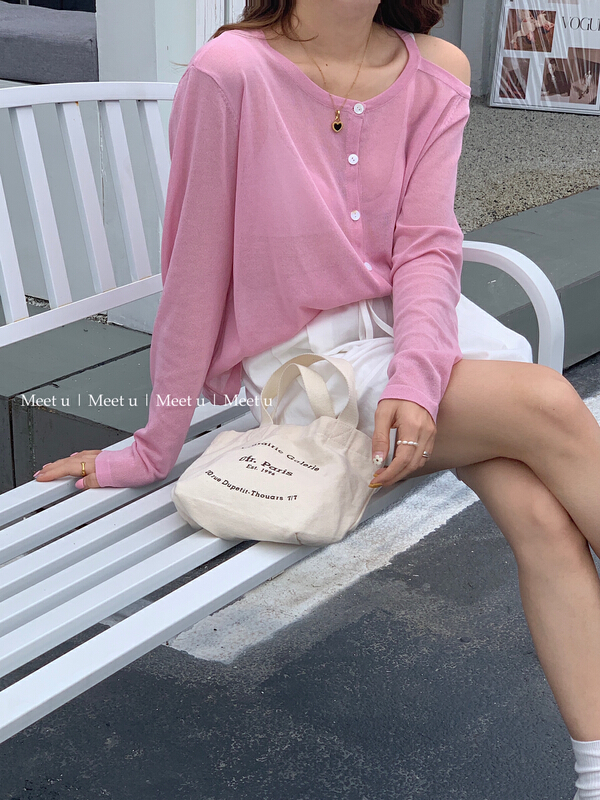 [meet u] careful machine off shoulder versatile long sleeve T-shirt a7020\hbx