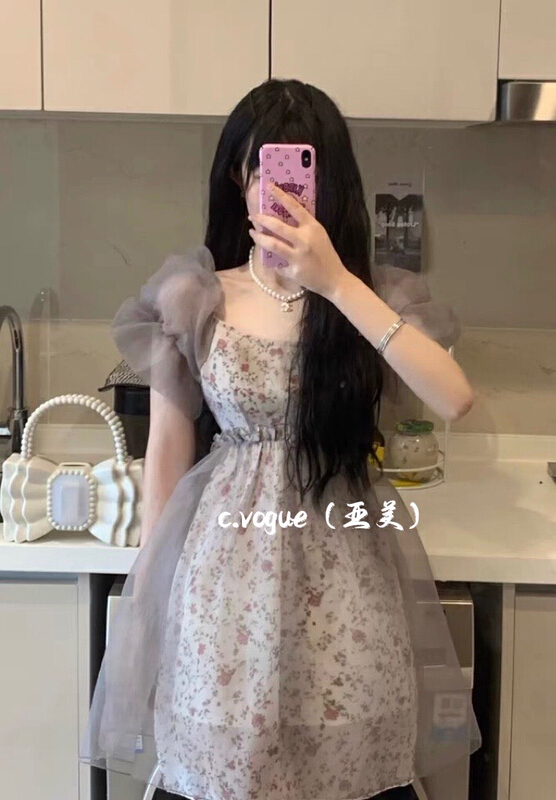 [c.vogue] French bubble sleeve double-layer mesh dress 3850\pcz