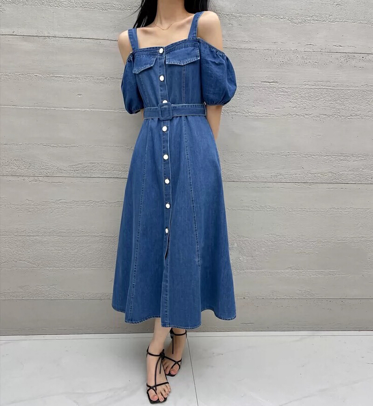 [JH] Lantern Sleeve suspender denim dress (with belt) (dress only) 41897\pcz
